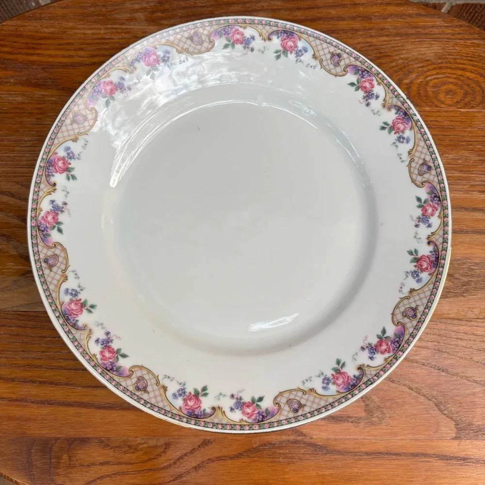 Vtg Victoria Czecho-slovakia Dinner plates  Pat. 272 Pink Roses gold basket 3 pc